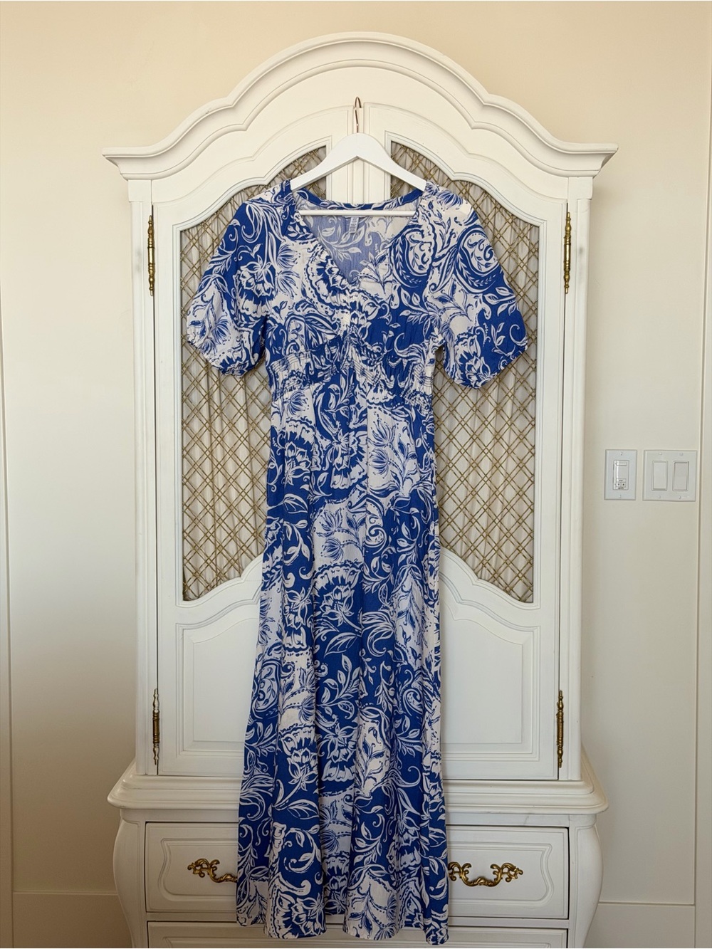 Ellen Tracy Blue and White Paisley Maxi Dress